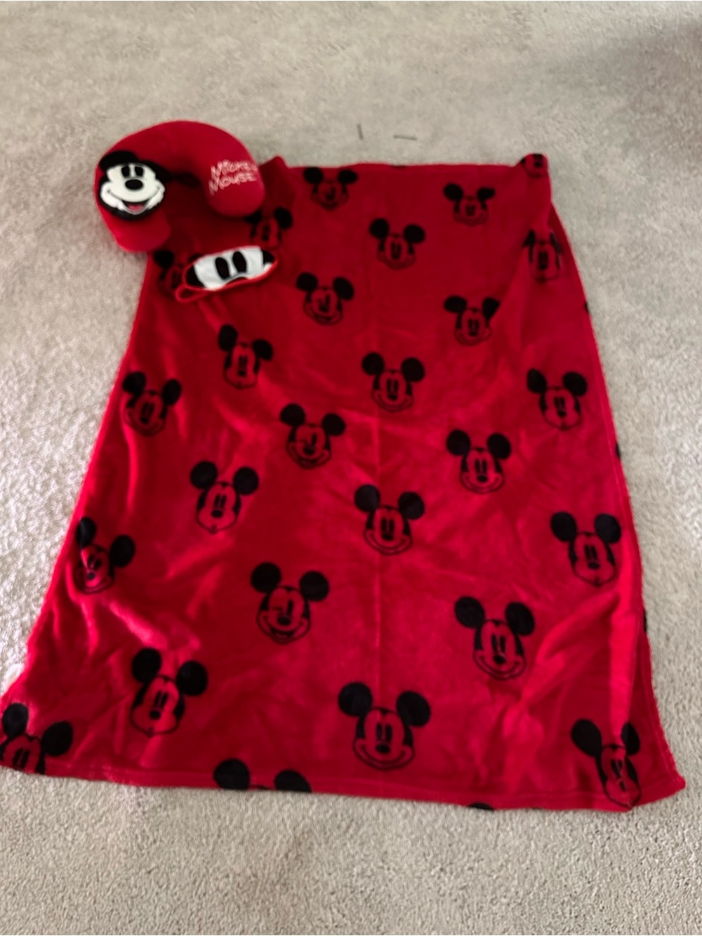 Disney Mickey Red and Black Mickey Mouse Plush Blanket Set with Travel Pillow